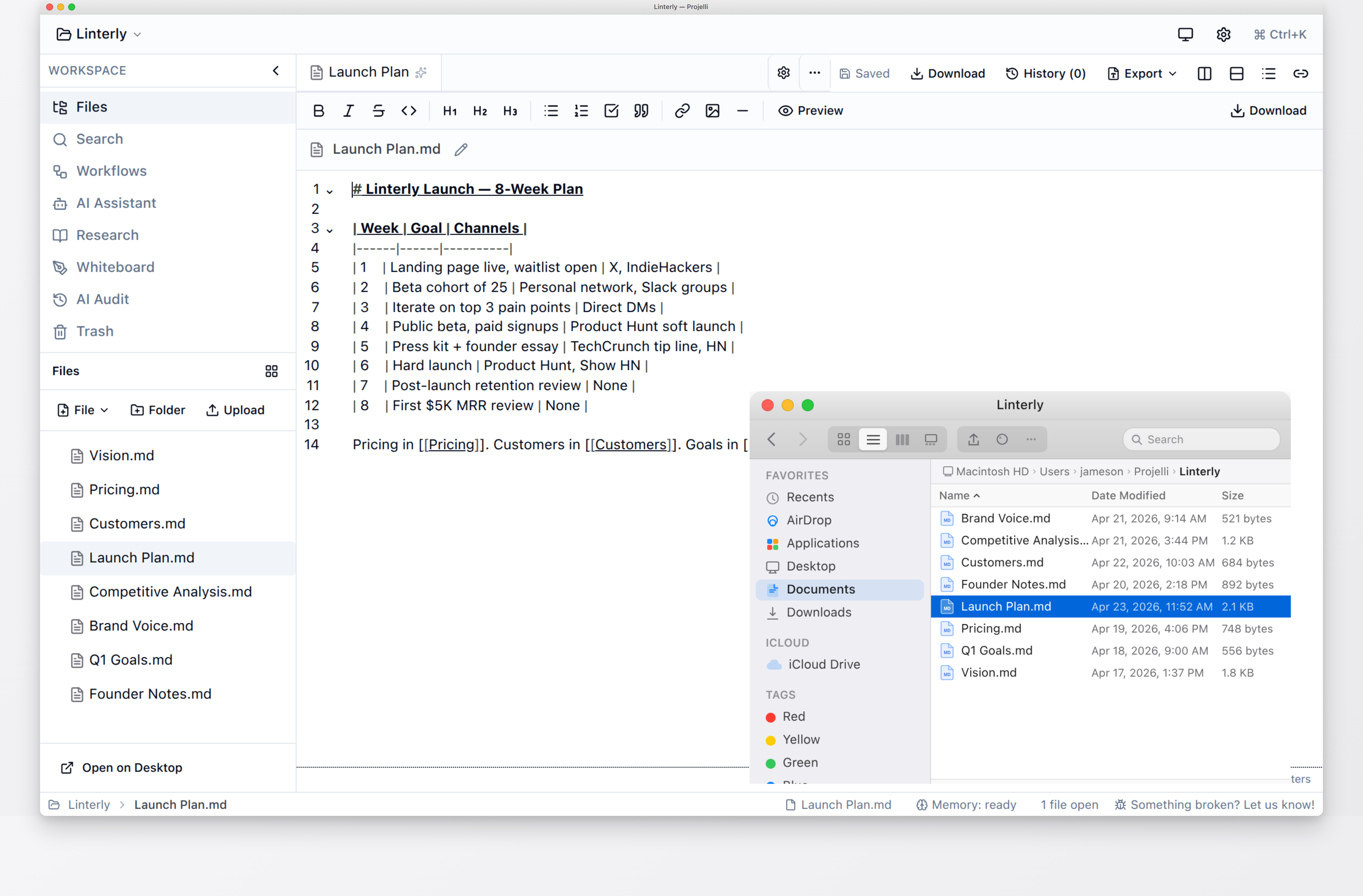 A Projelli file appears as a real Markdown file in the Mac Finder, proving the data lives on the user's machine